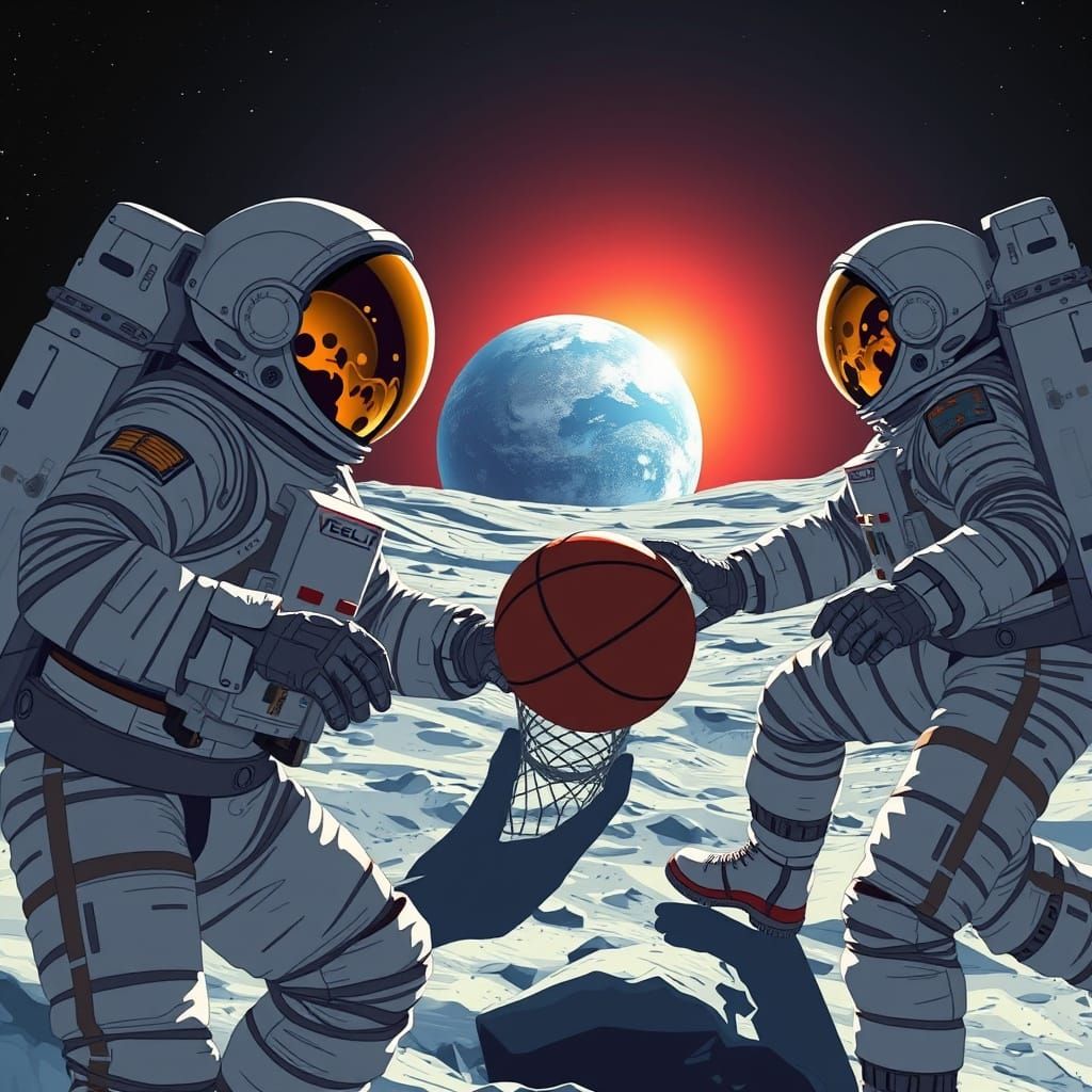 Astronauts Play Basketball on the Moon in Retro-Futuristic S...
