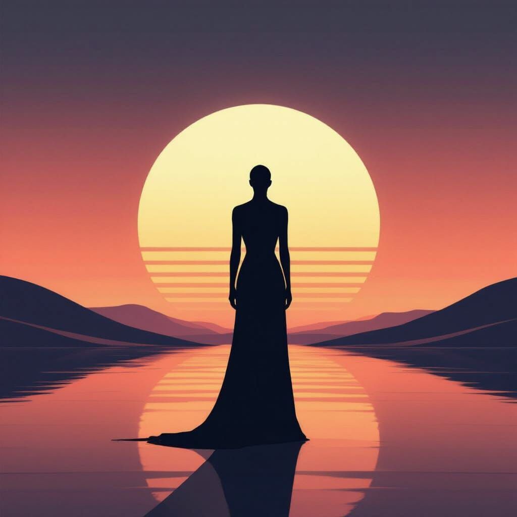 Abstract Silhouette Against Binary Sunset in Vector Art Styl...