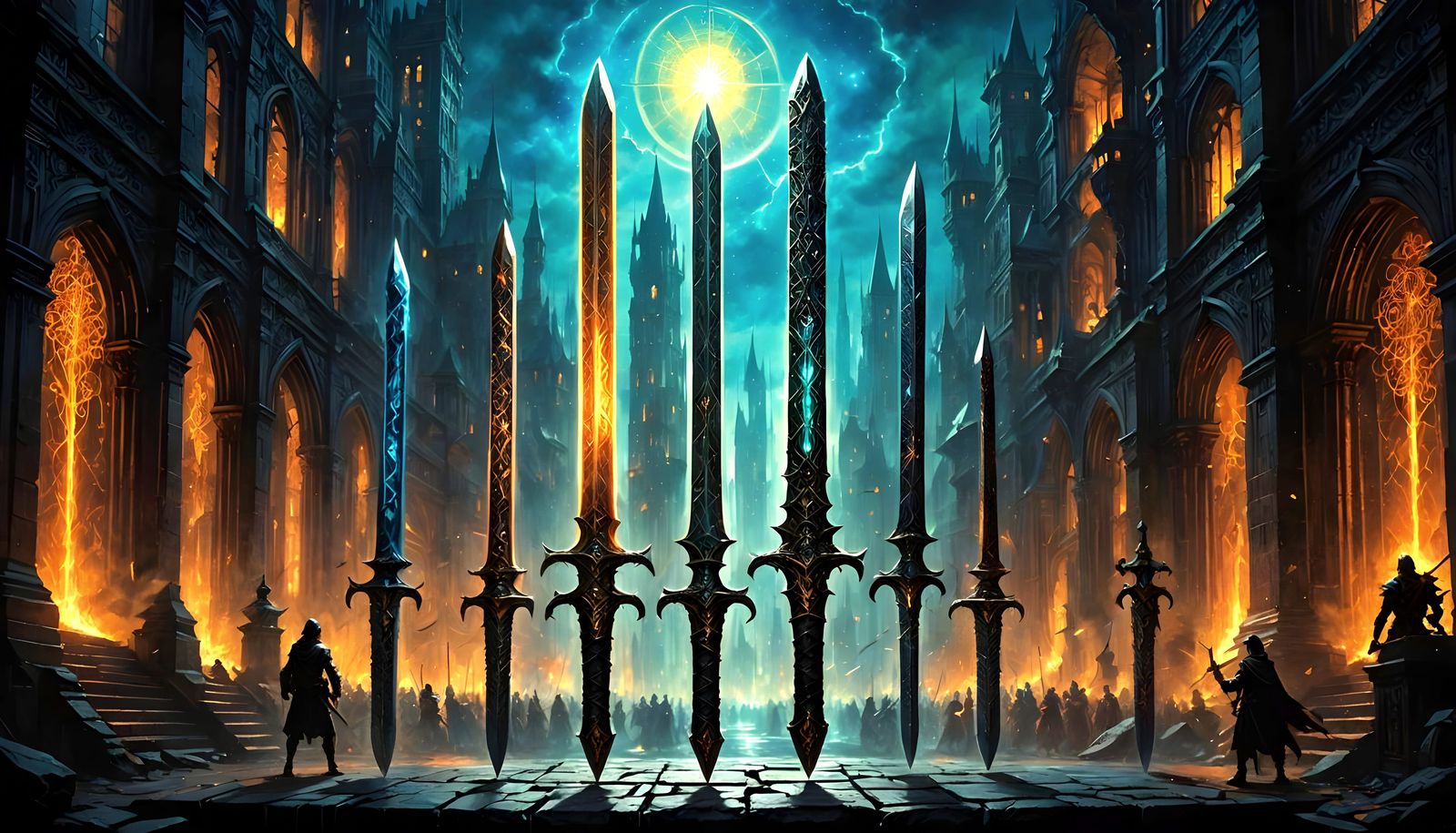 Swords Shimmering with Mystical Cosmic Light in Urban Shadow...