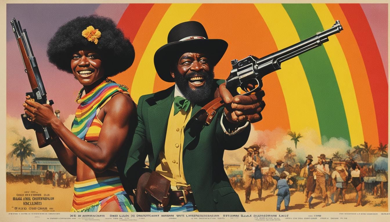 1970s Movie Poster: "Black Leprechaun with a Shotgun vs Bikini Rainbow"