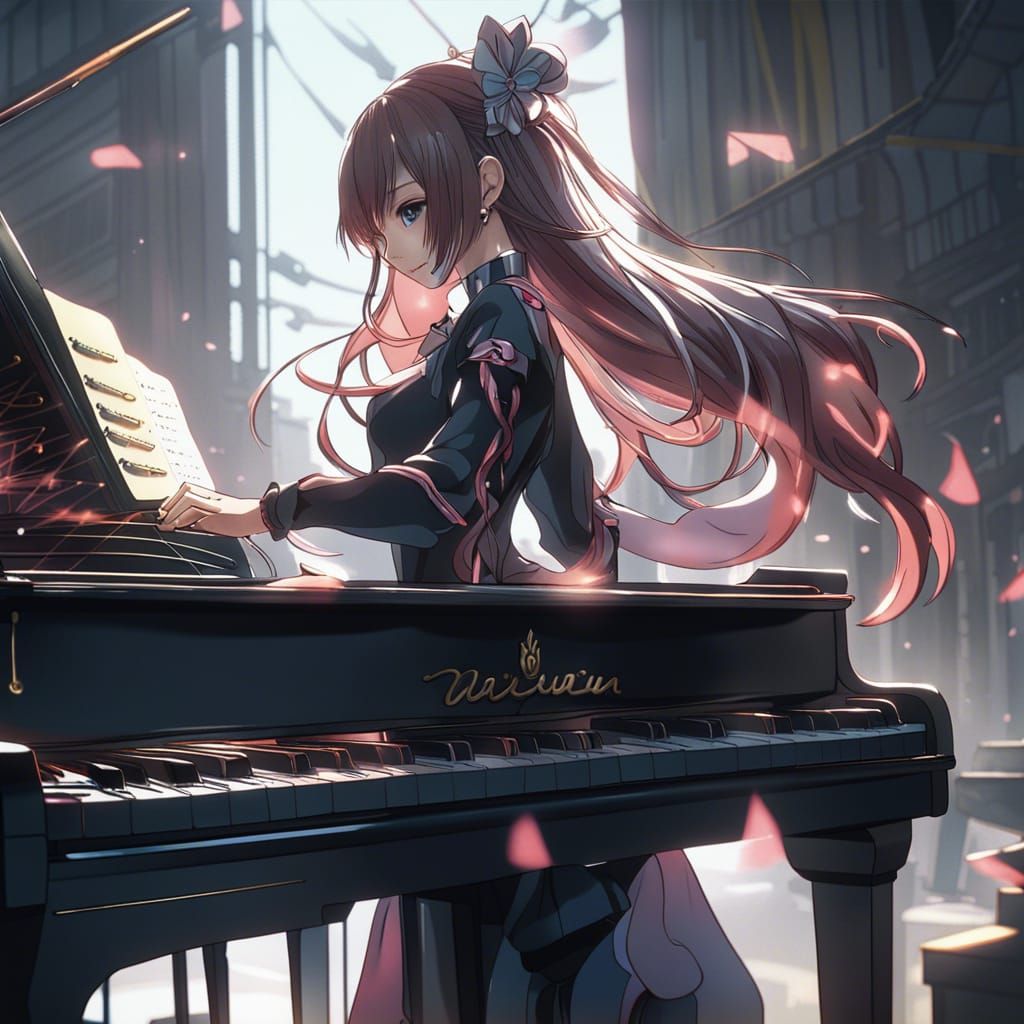 Anime Girl Playing Piano: Detailed Fantasy Art