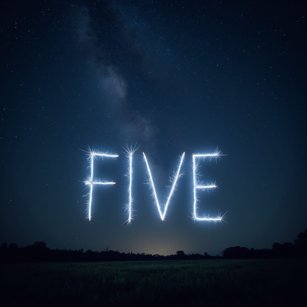 Stars in the sky spelling out the word "FIVE". ethereal