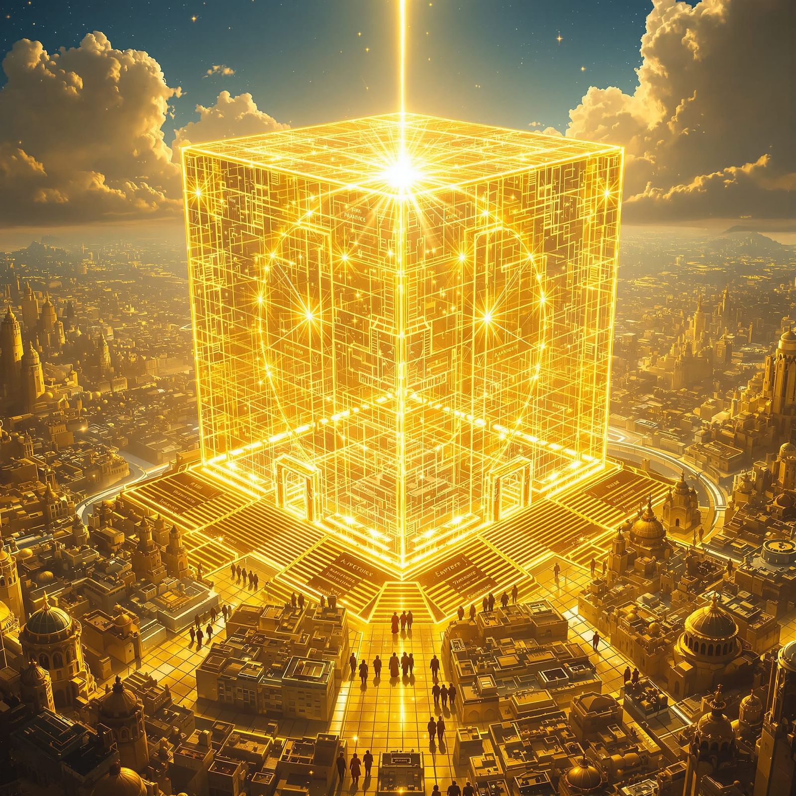 Divine New Jerusalem: Golden Cube City with Pearl Gates