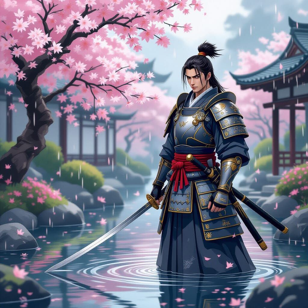 Samurai Warrior in Cherry Blossom Garden, Cel-Shaded Anime S...