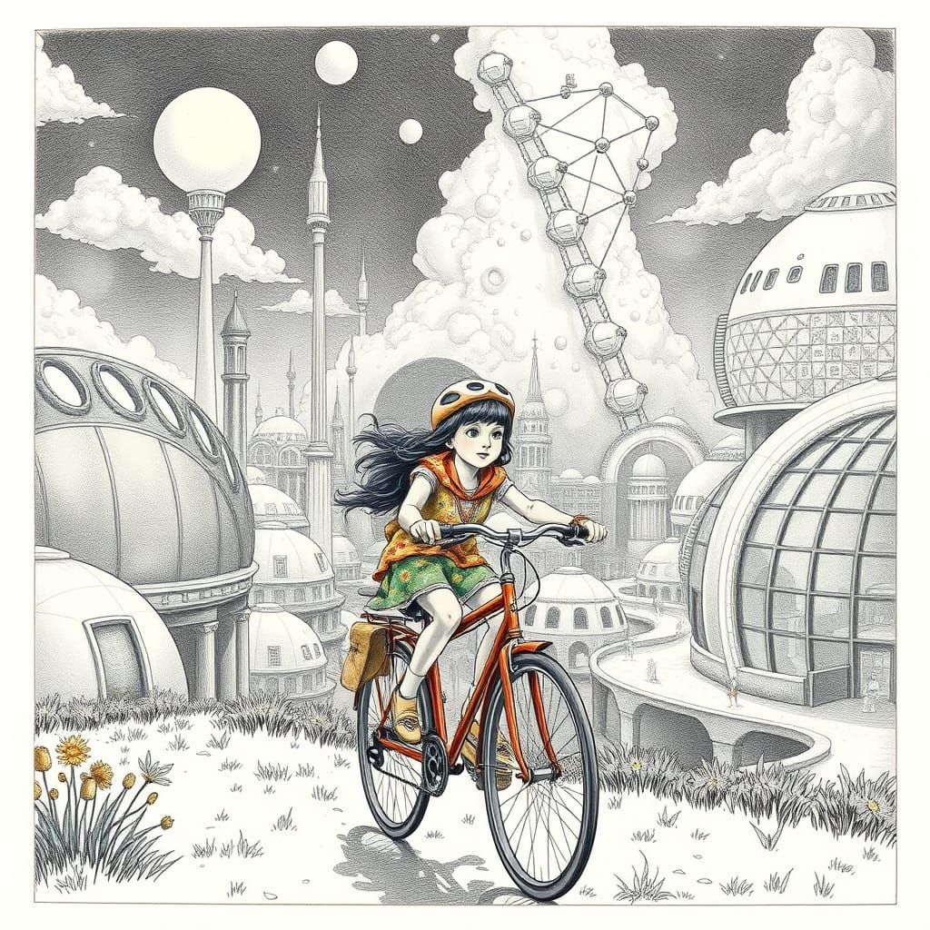 Utopic Cityscape: Girl on Bike in Lithograph Style