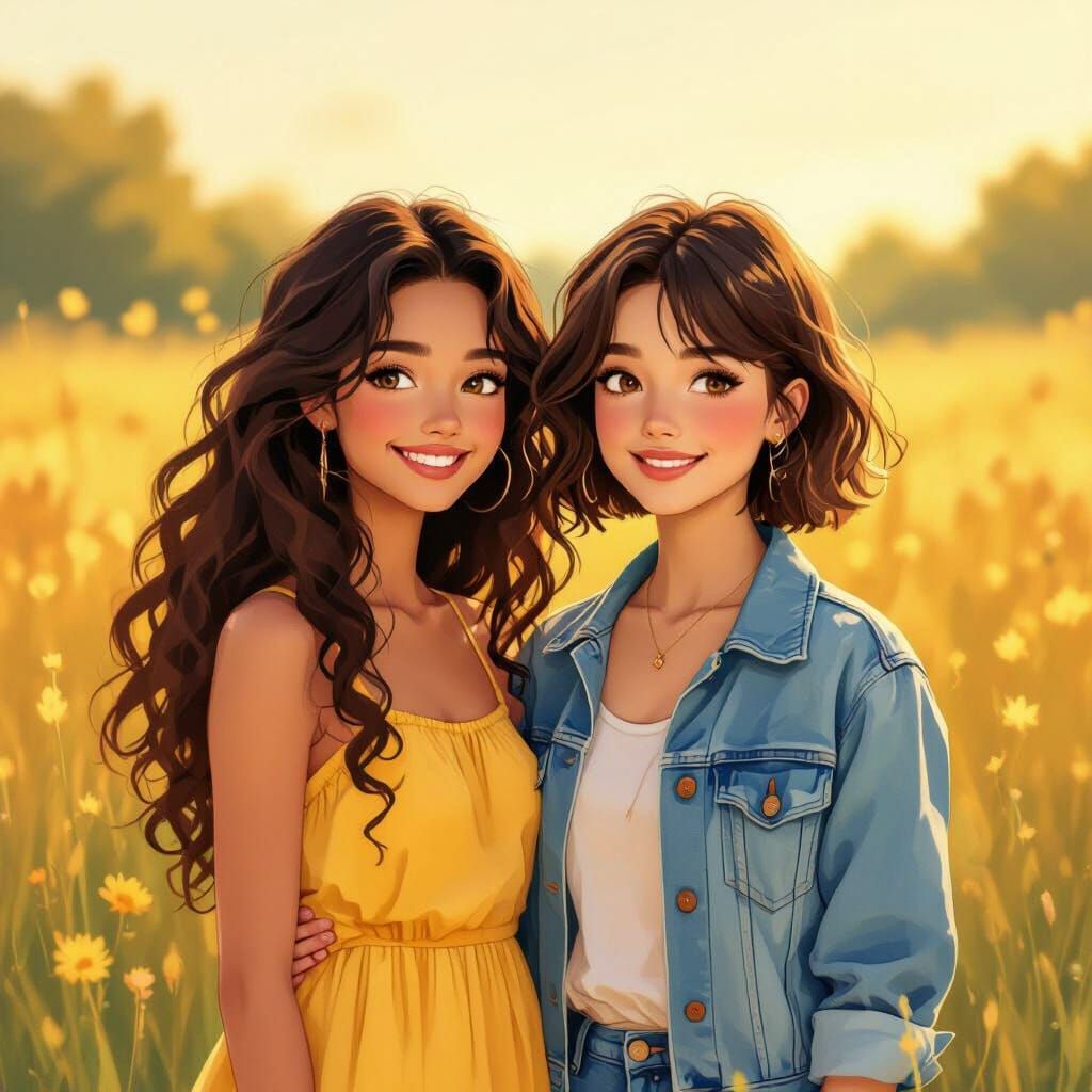 Two Friends in a Meadow, in Watercolor Style