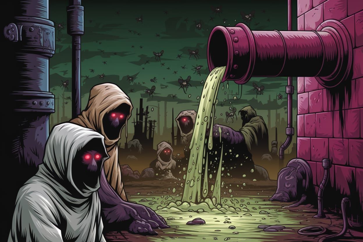 Gothic Medieval Scene: Bursting Pipe Drenches Mutated Lepers