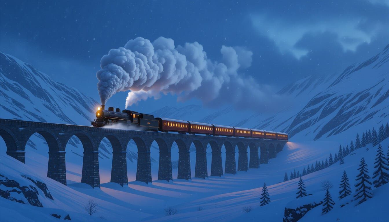 Steam Train Crossing Snowy Valley Viaduct at Night