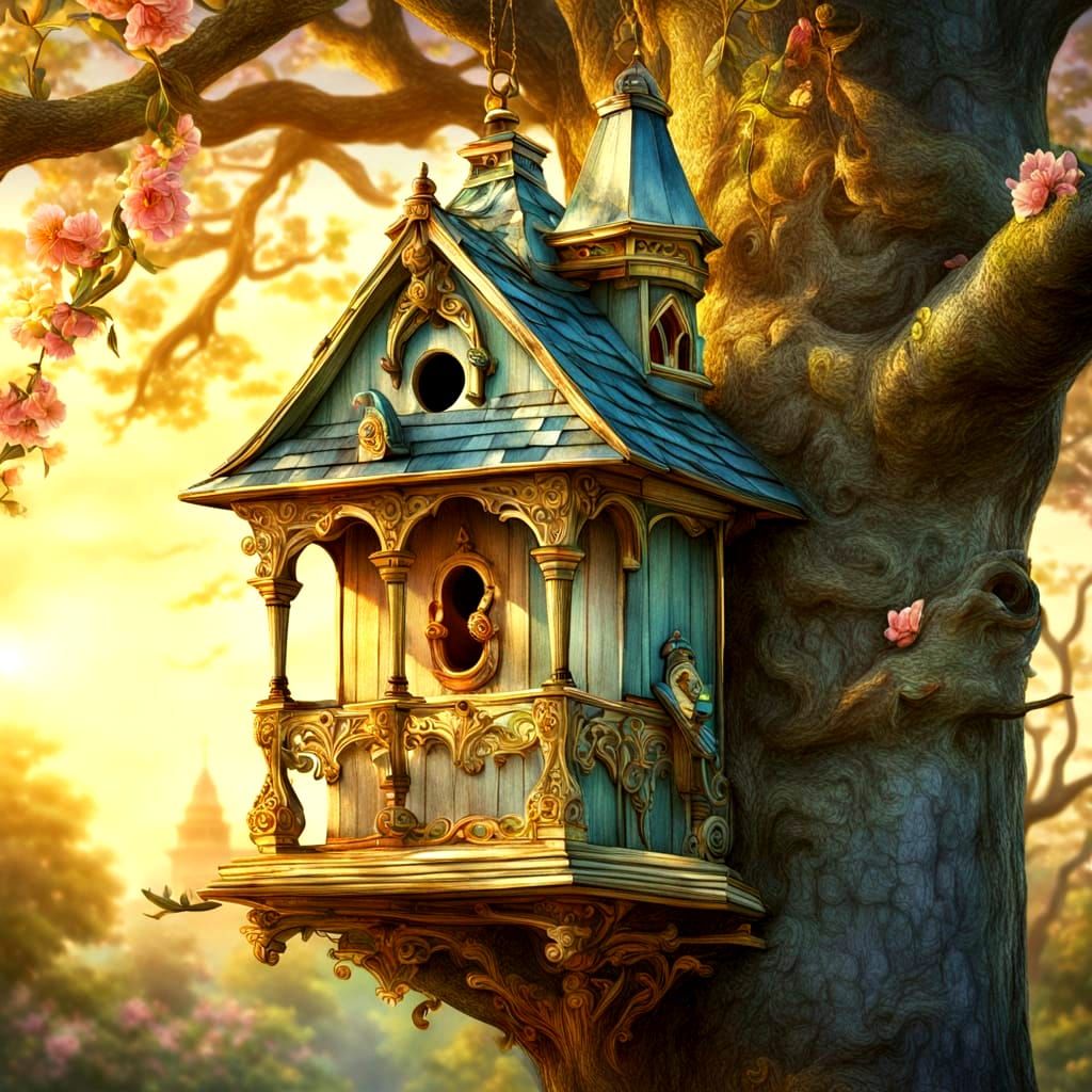 Victorian Birdhouse in Watercolor Style
