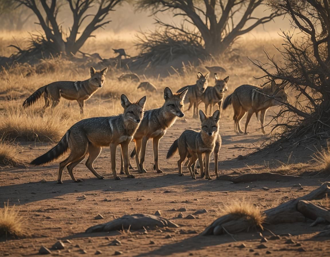 Jackals Hunting Warthog in African Veldt: Cinematic Still