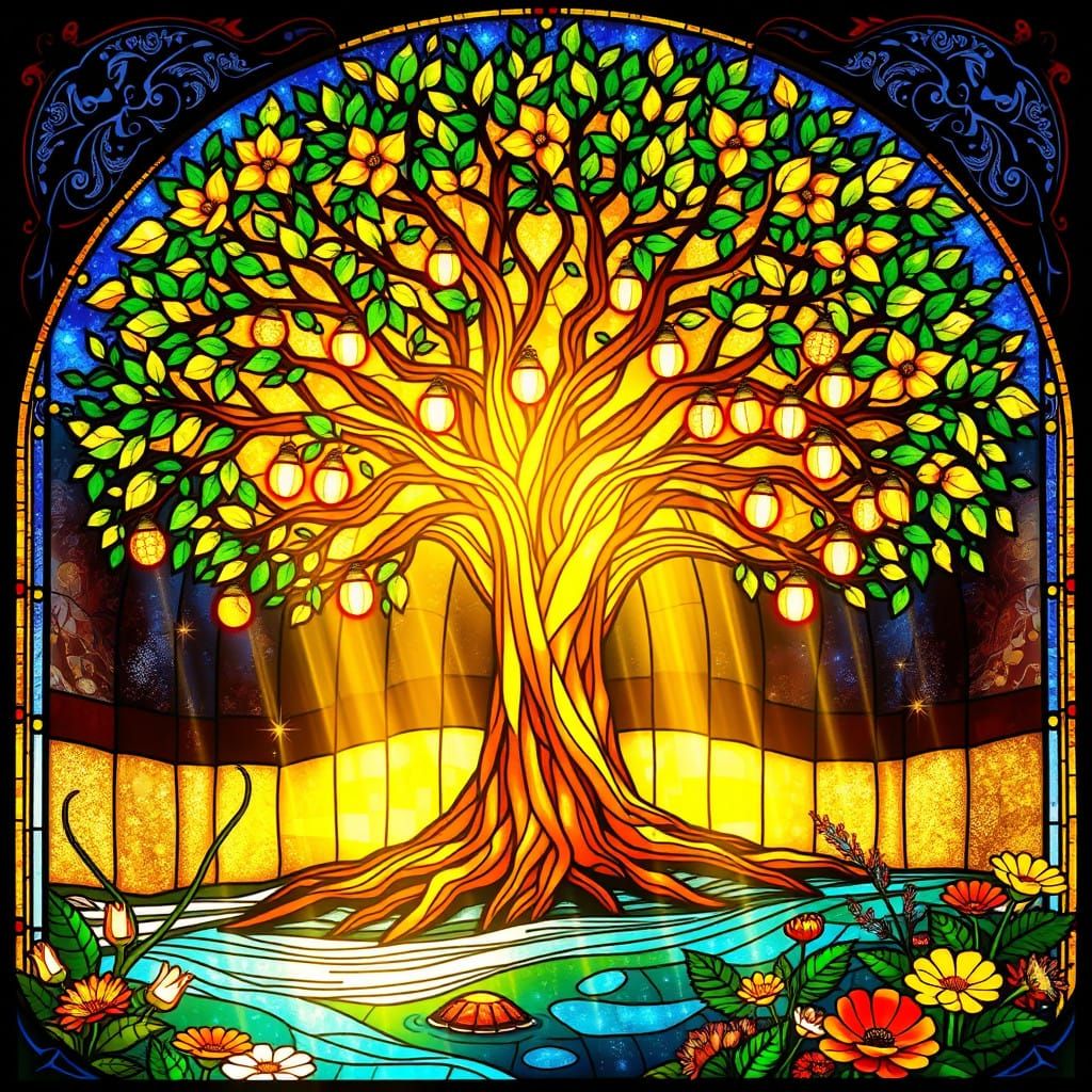 Surrealist Stained Glass Masterpiece with Tree of Life and V...