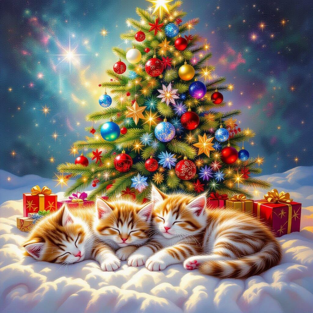 Fluffy Kittens Sleep Under Decorated Christmas Tree