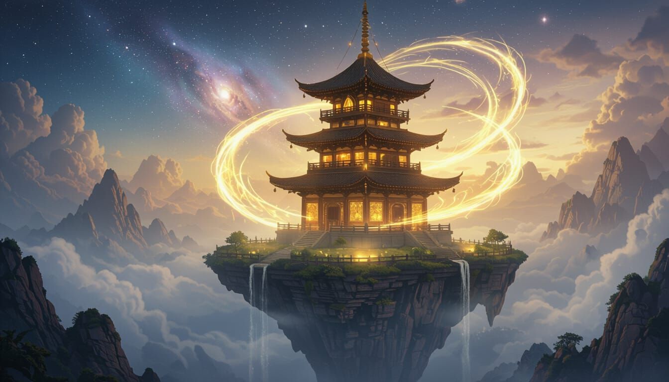 Ancient Pagoda on Floating Island Above Clouds