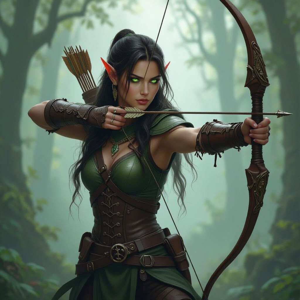 Half-Elf Archer in Misty Forest: Matte Painting