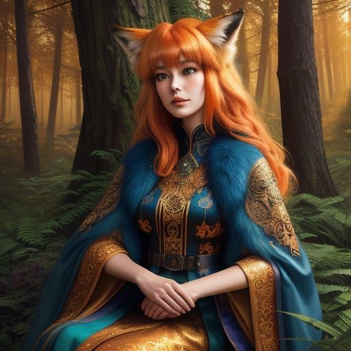 Fox Girl in Forest, Klimt-Inspired Digital Art