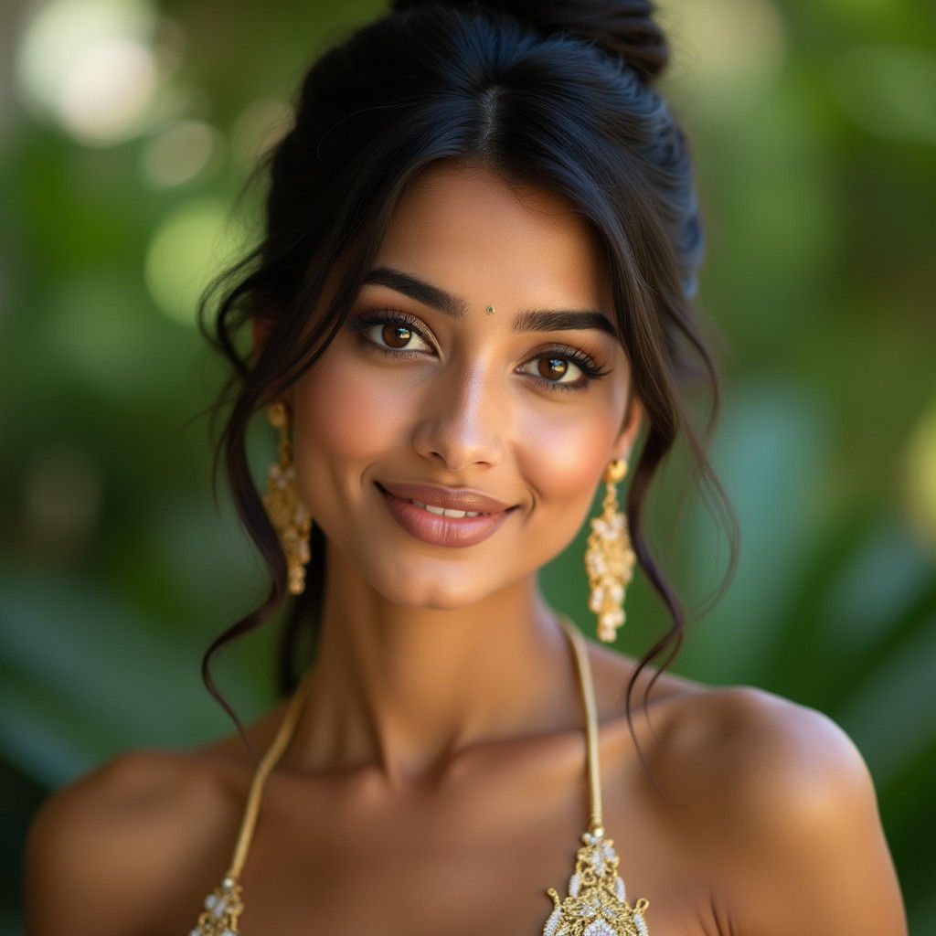 Indian Woman in Golden Bikini, Hyperrealistic Portrait