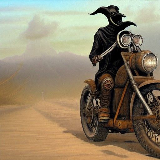 Plague Doctor Rides Through Wasteland: Oil Painting