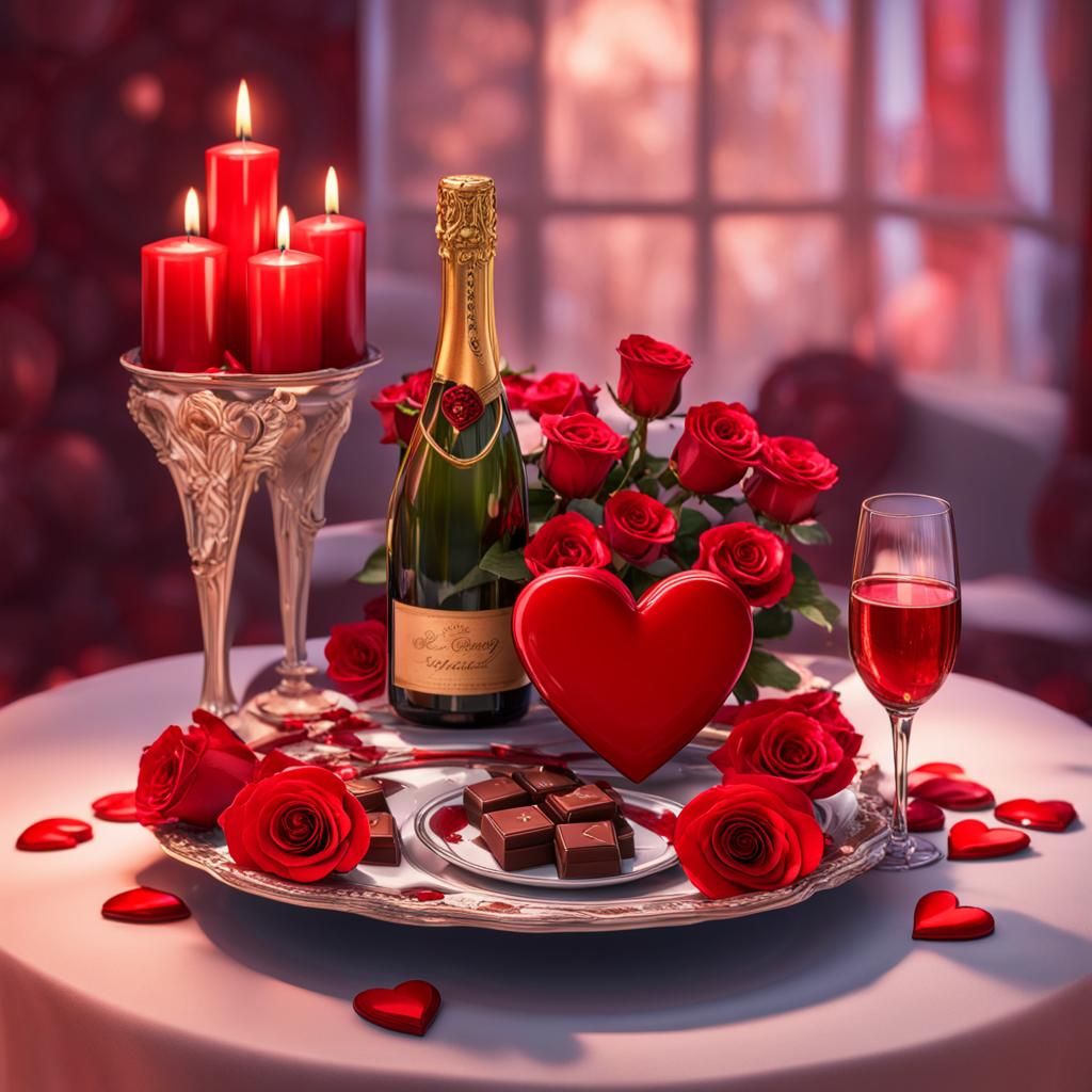 Romantic Table Setting with Red Candles and Chocolates