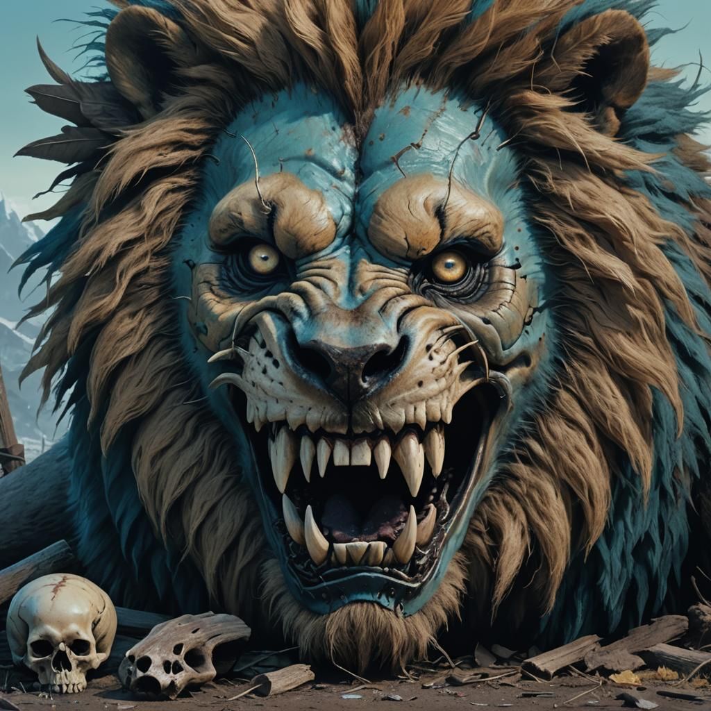 Lion's Gruesome Trophy in Eerie Twilight Ambiance