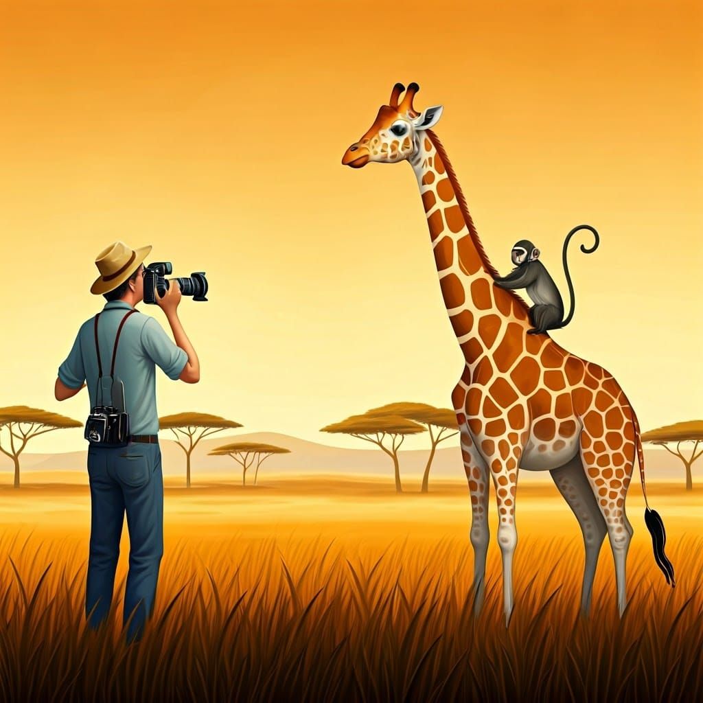 Photographer in Awe of Giraffe and Monkey in Vibrant Savanna...