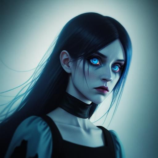 Gothic Ghost Girl with Blue Eyes: Cinematic Still