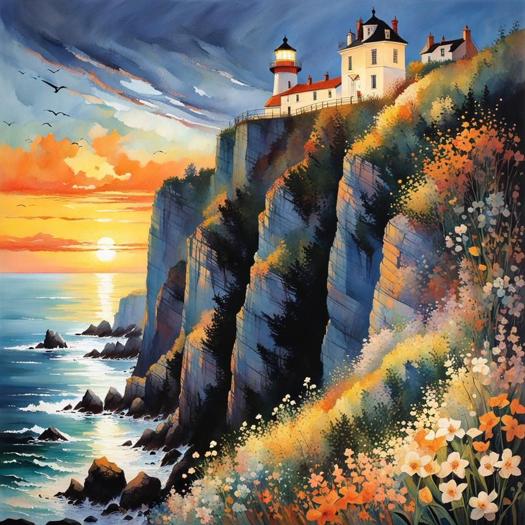 Lighthouse on Flowering Cliff at Sunset