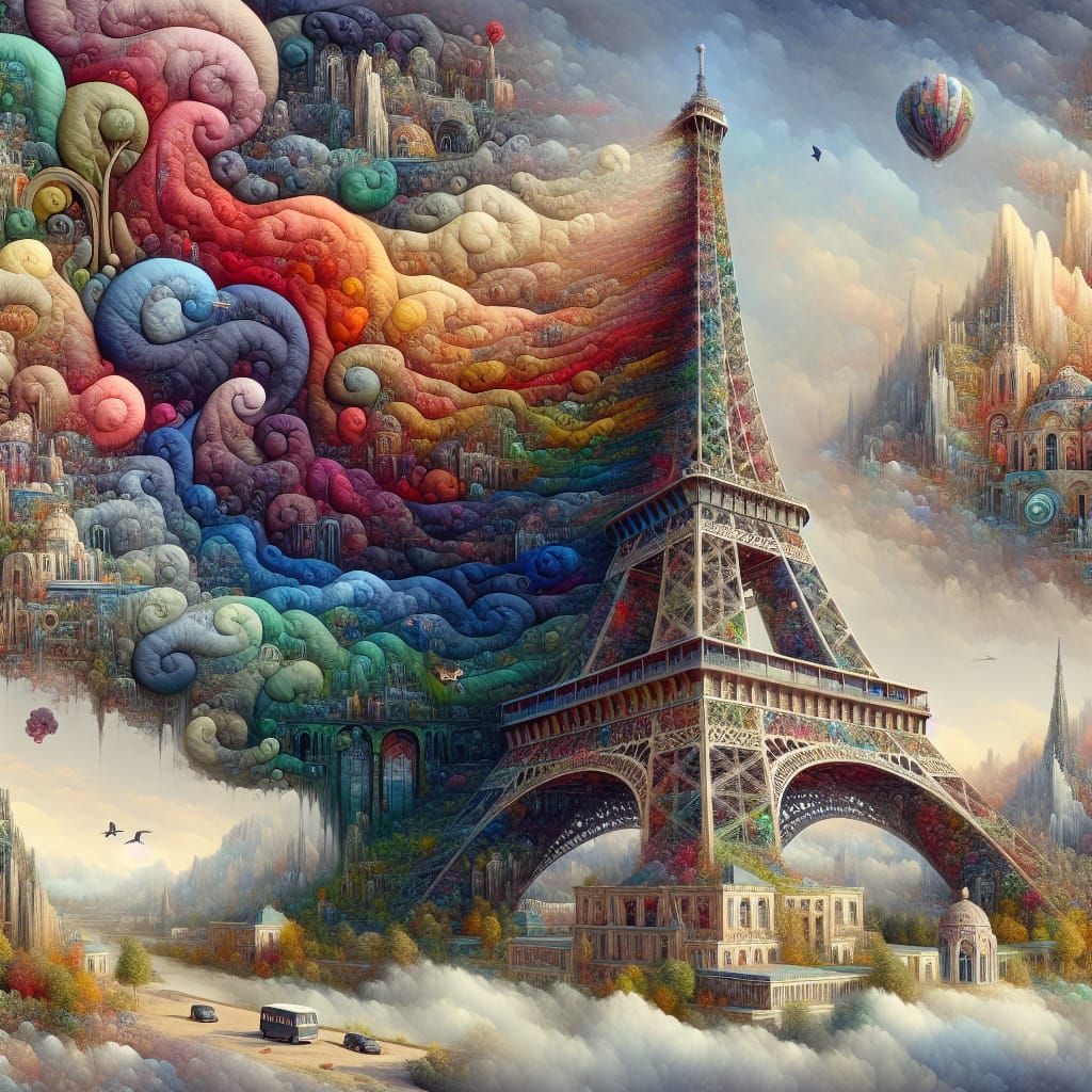 Eiffel Tower Draped in Colorful Quilts, Matte Painting