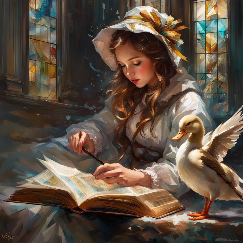 Goose Reading in Bonnet: Stained Glass Style