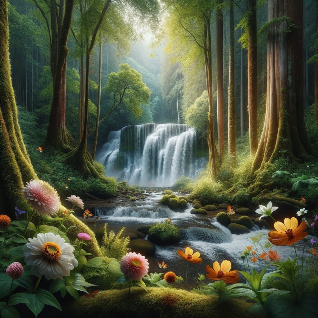 Lush Forest Waterfall with Vibrant Flowers