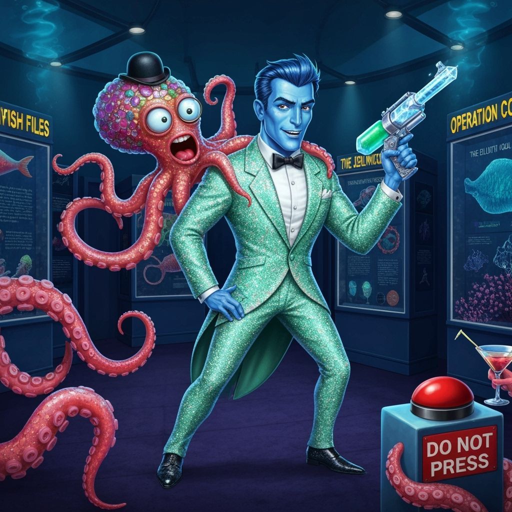 Blue Skinned Agent and Octopus in Campy Spy Scene