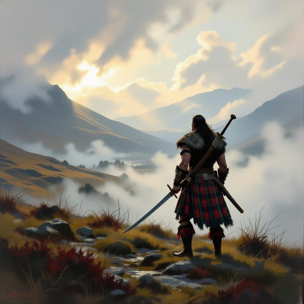 Highlander Warrior on Misty Scottish Moor at Dawn