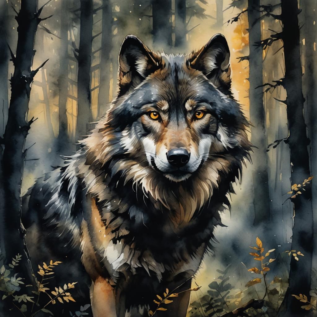 Wolf Portrait in Forest, Expressive Watercolor Painting
