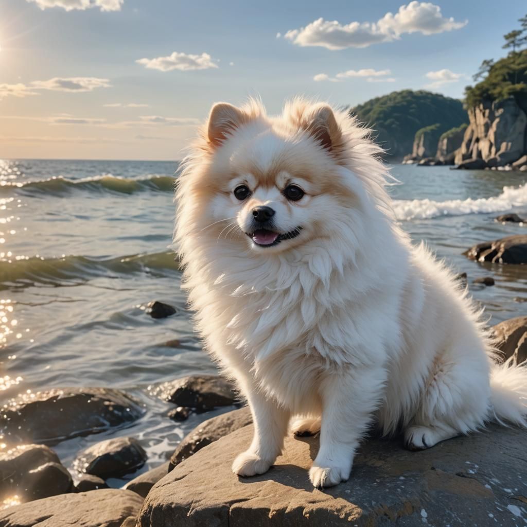 Pomeranian at Sea in Anime Style