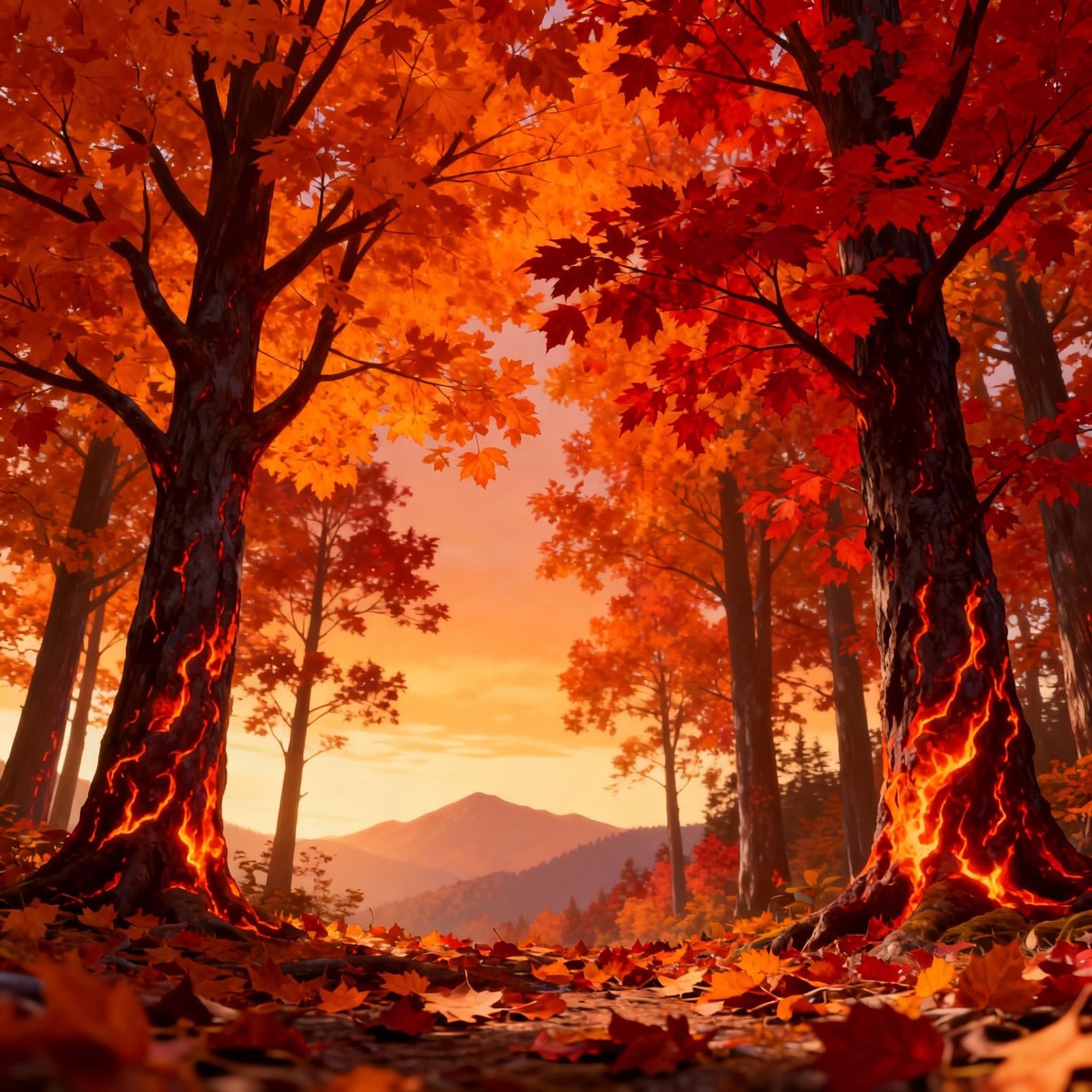 Vibrant Autumn Forest with Fiery Red and Orange Leaves