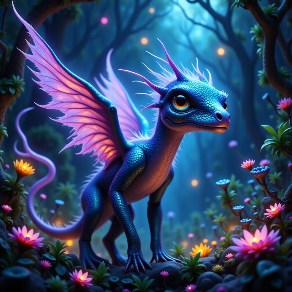 Fantastical Creature in Bioluminescent Forest