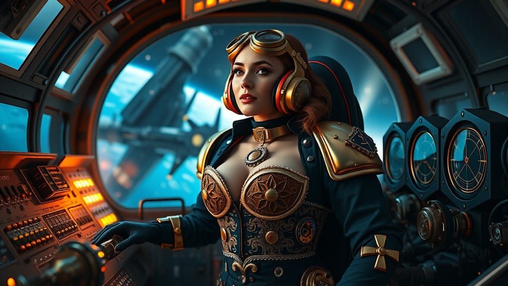 Steampunk Astronaut at Helm of Spaceship Approaching Space S...