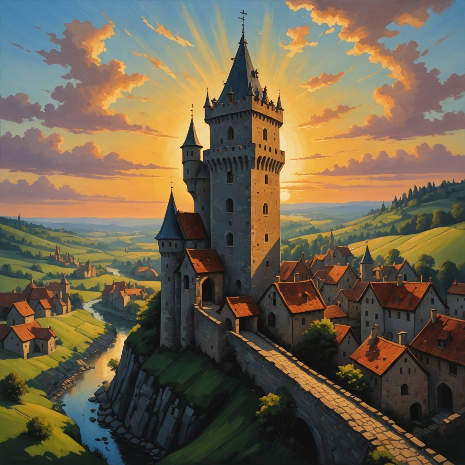 Medieval Tower at Dawn in Colorful Cartoon Style