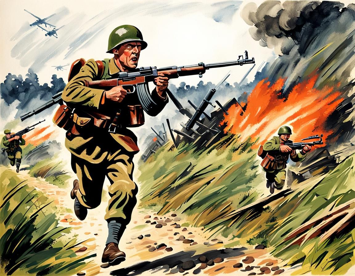 Determined Soldier Charges Forward in Intense World War II S...