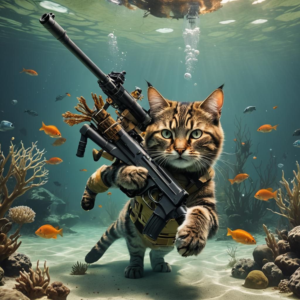 Hunter Cat with Gun Underwater