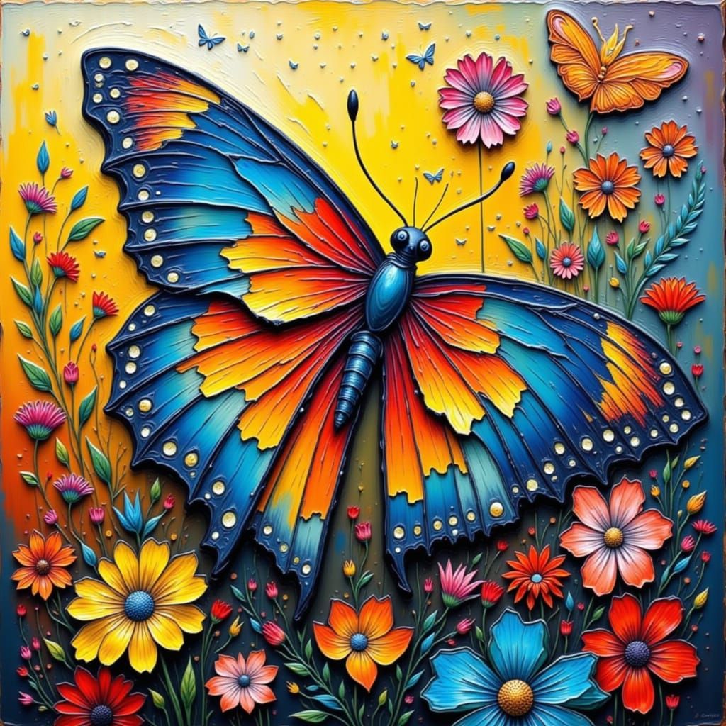 Impasto Butterfly Among Flowers: Abstract Expressionism