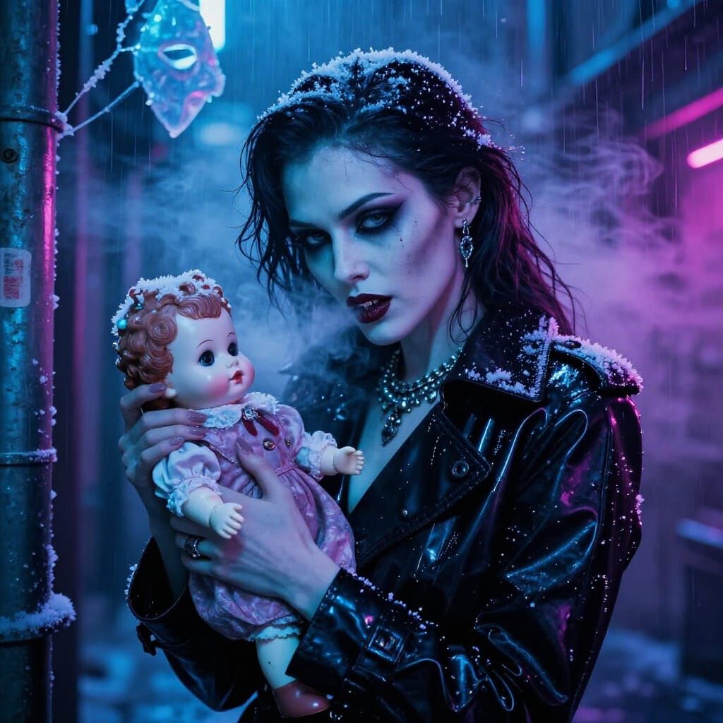 Vampiric Femme Fatale With Frosty Doll in Neon Alley