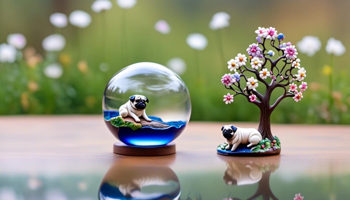 Miniature Ceramic Pug in Glass Orb with Flowers