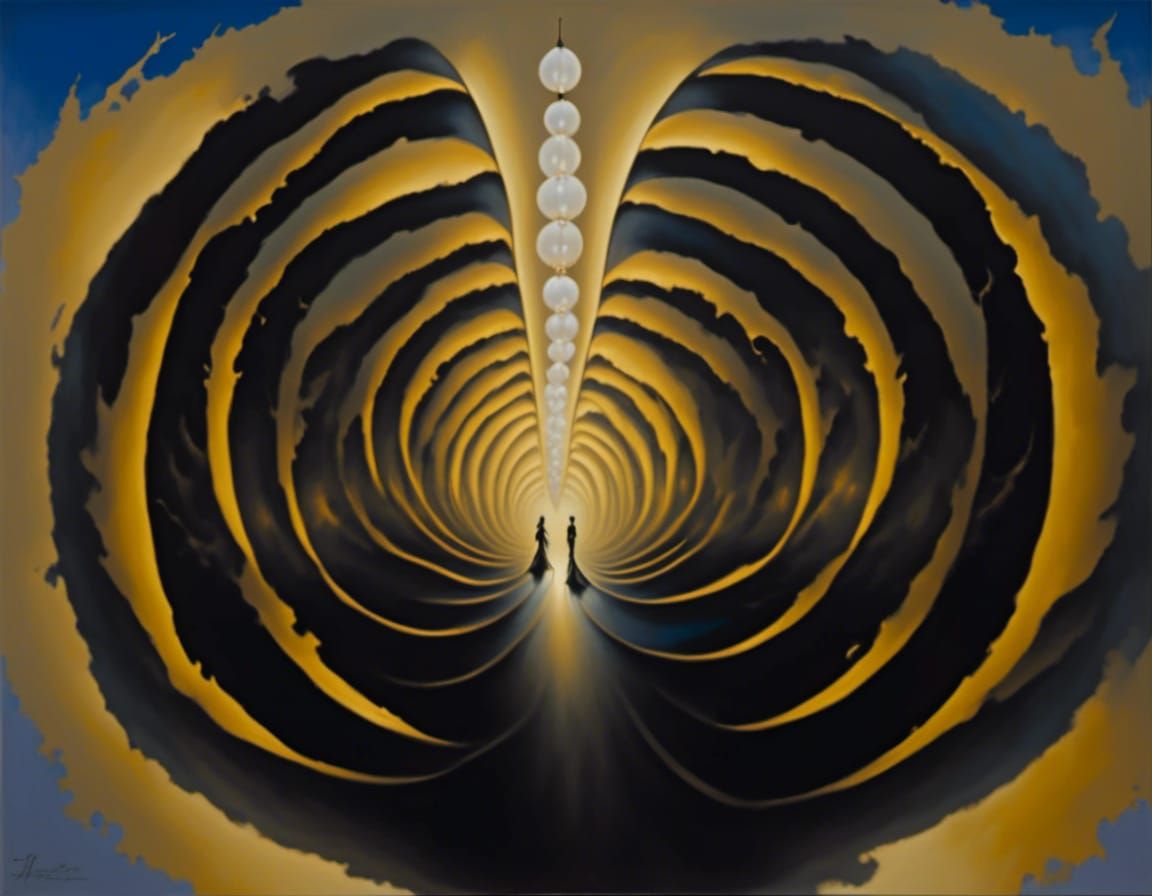 Ethereal Figures Journey to Pearl in Fantasy Landscape