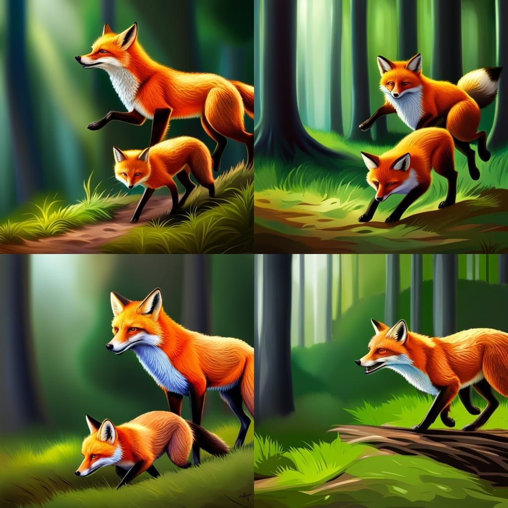 Foxes Running: Hyperrealistic Splash Art