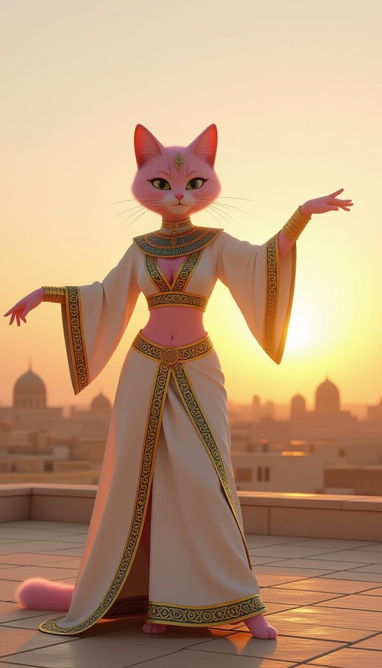 Egyptian Cat Dancer at Sunset: Digital Art