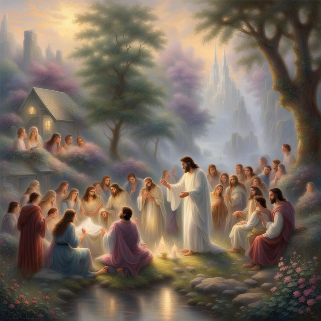 a compassionate, loving, and gentle Jesus is surrounded by y...