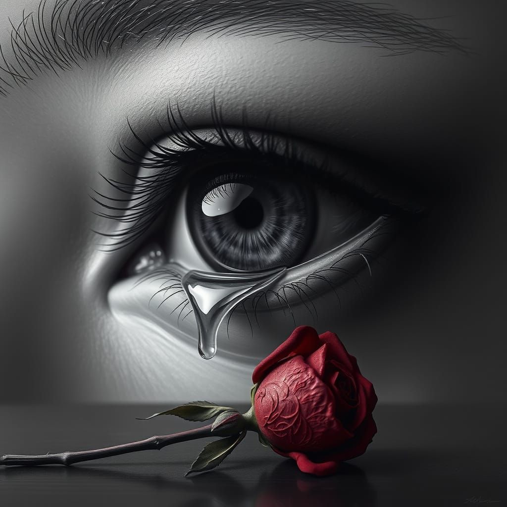 A surrealistic grayscale drawing of a human eye shedding a t...