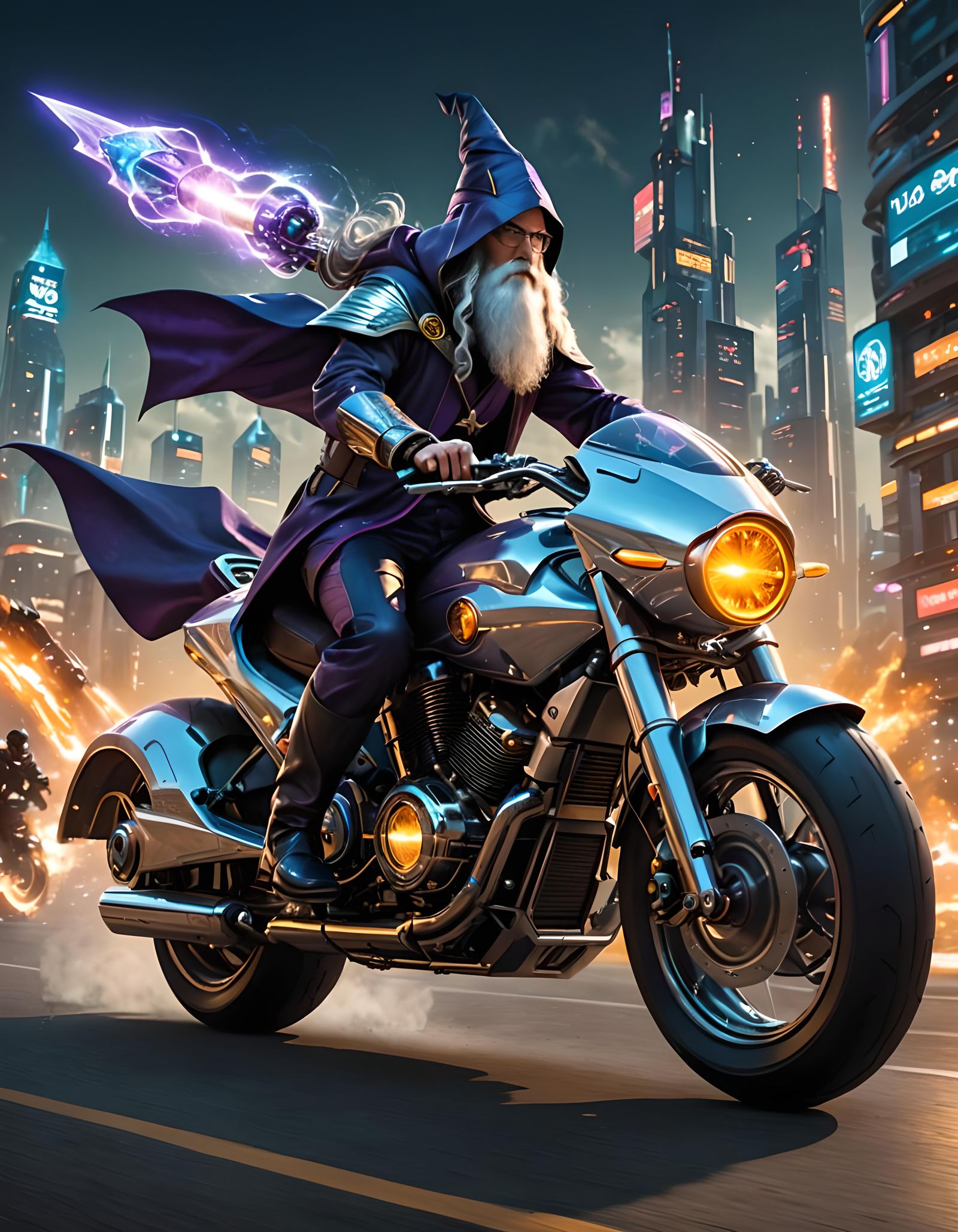A wizard riding a futuristic motorcycle.