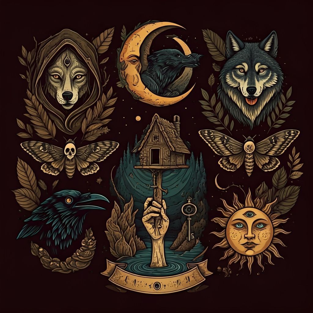 Dark Folklore Engraving with Tattoo Art Elements