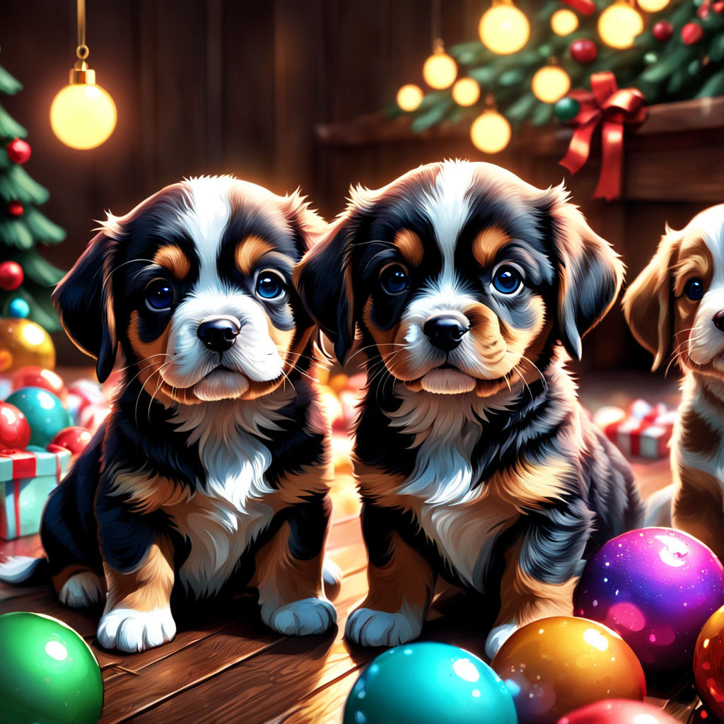 Vibrant Christmas Puppies in Whimsical Candy Art Style
